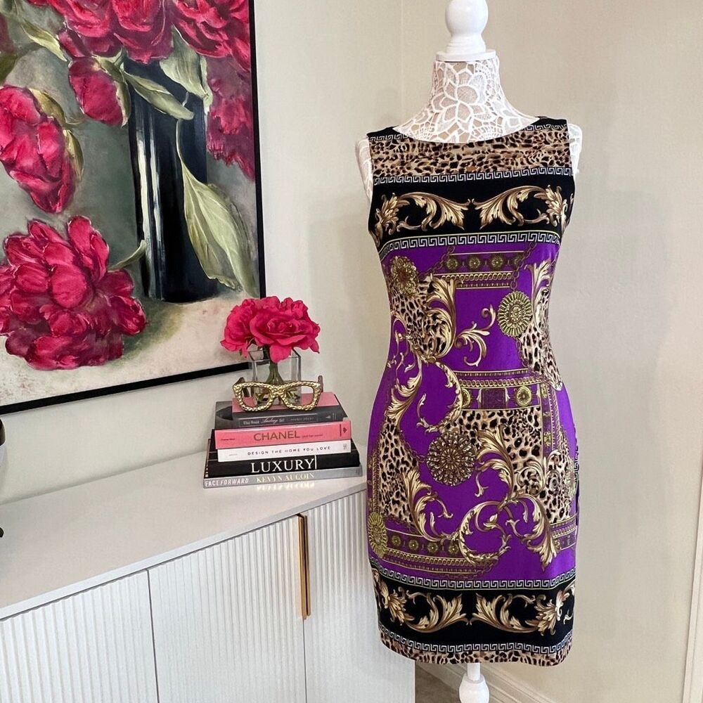 Cache Women's Leopard Baroque Print Sleeveless Sheath Dress Purple Gold Size 4